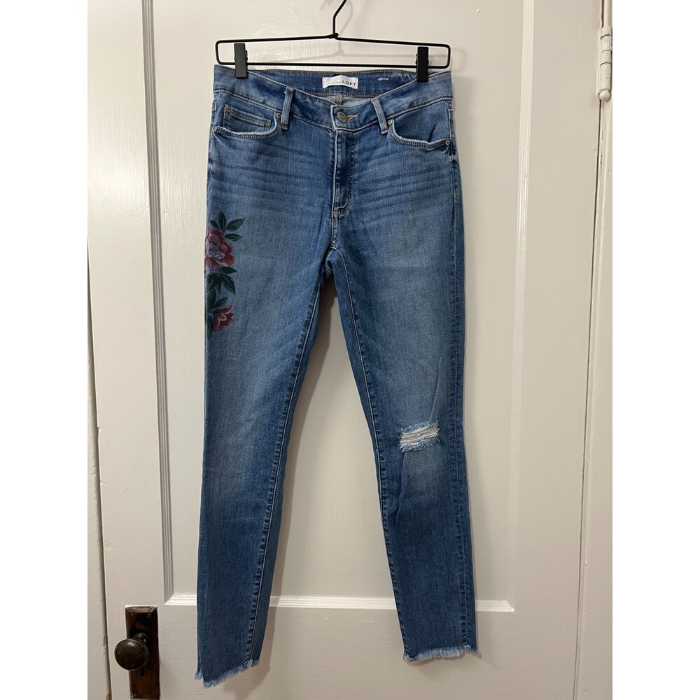 Loft Women's Curvy Skinny Jeans Boho Painted Floral Distressed Size 27 / 4